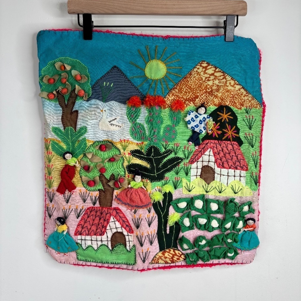 Peru Arpillera Handmade 3D Wall Art Hanging Village Garden Cabbage Trees Cactus